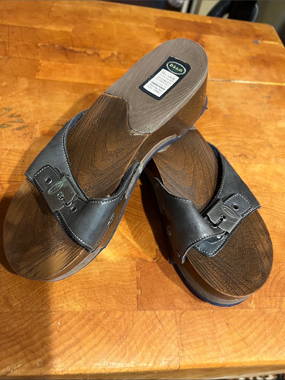 Dr. Scholl's Blue Leather Faux-Wood Platform Slide Sandals